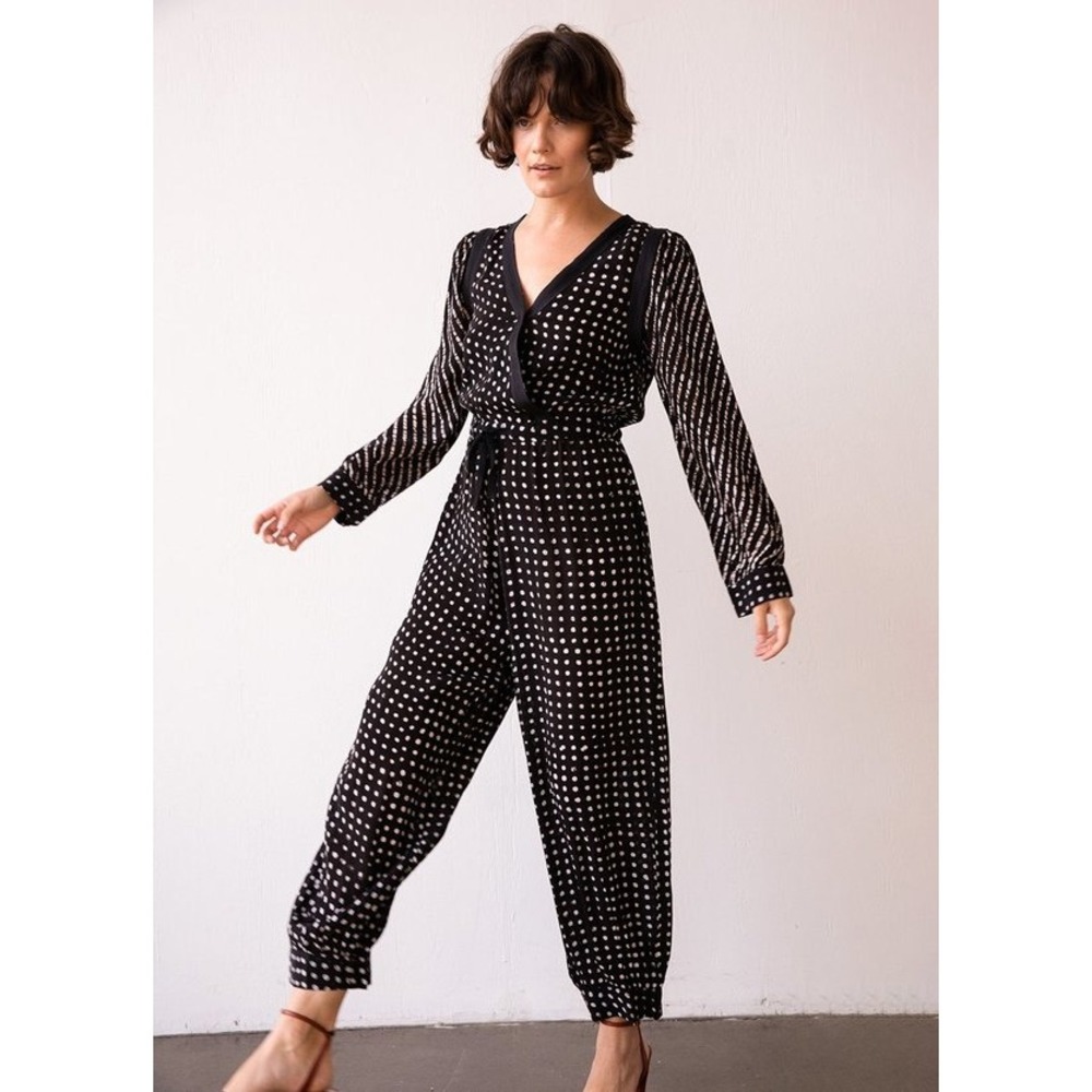Rujuta Sheth Jumpsuit Women XS Black White Polka Dot Striped V-Neck Long Sleeve